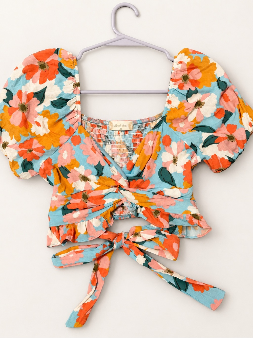 Altar'd State Blue Floral Tie-Front Puff Sleeve Crop Top